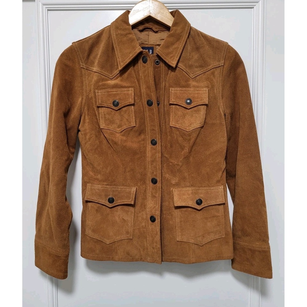 Womens Vtg Gap Genuine Suede Leather Snap Up Lined Jacket Brown Pockets XS